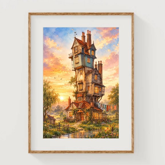 SHIRVA Fantasy Watercolor Art Print Poster, Magical Burrow Wall Decor, Wizard and Witches Artwork, Sunset Wall Decor, Unframed Paper Poster 8x12in