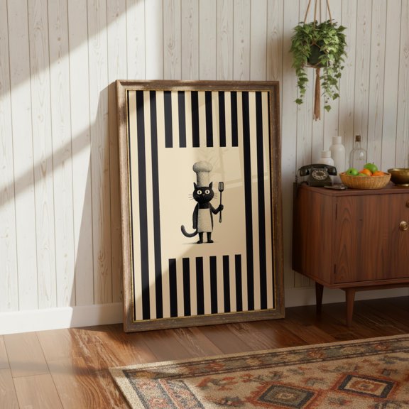 SHIRVA Funny Vintage Black Cat Chef Poster, Black Ink Black Cat Sketch, Striped Vintage Wall Art, Kitchen Wall Art, Black Cat Kitchen Decor Poster Canvas, Unframed Paper Poster 8x12in