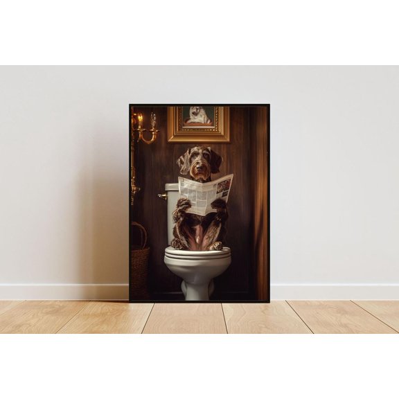 SHIRVA German Wirehaired Pointer On Toilet Poster, Dog Poster, German Wirehaired Pointer Bathroom Print, German Wirehaired Pointer Portrait, Unframed Paper Poster 8x12in