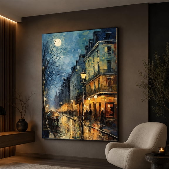 SHIRVA Leonid Afremov Evening Cityscape Canvas, Rainy Street Scene Wall Art, Romantic Urban Landscape, City Lights Reflection Canvas, Modern Home, Unframed Canvas 16x24in