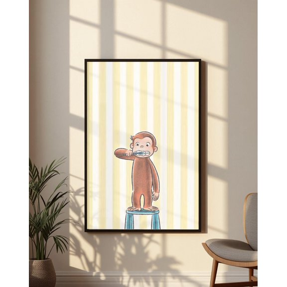 SHIRVA Monkey Poster, Toothbrush Monkey Wall Art, Yellow Striped Nursery Print, Bathroom Bedroom Decor, Storybook Gift, Wall Poster Art Canvas, Unframed Paper Poster 8x12in
