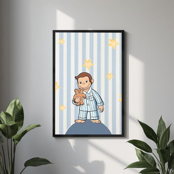 SHIRVA Monkey Teddy Bear Wall Art, Blue Striped Nursery Print, Starry Bedroom Decor, Storybook Gift Wall Poster, Unframed Paper Poster 12x18in