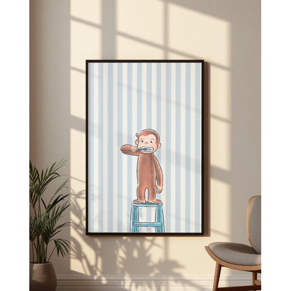 SHIRVA Monkey Wall Art, Blue Striped Nursery Print, Bathroom Bedroom Decor, Storybook Gift, Wall Poster Art, Canvas, Unframed Paper Poster 8x12in