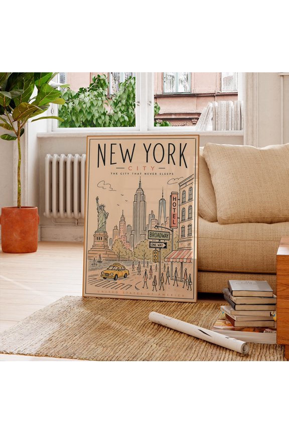 New York City Wall Art Print Vintage NYC Travel Poster Statue of Liberty Empire State Building Manhattan Cityscape, Unframed Paper Poster 8x12in