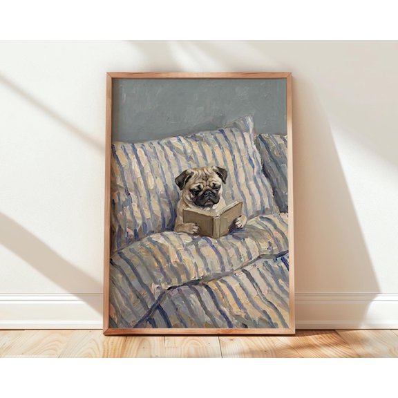 SHIRVA Pug in Bed Poster, Dog Reading Book Wall Art, Unframed Paper Poster 8x12in