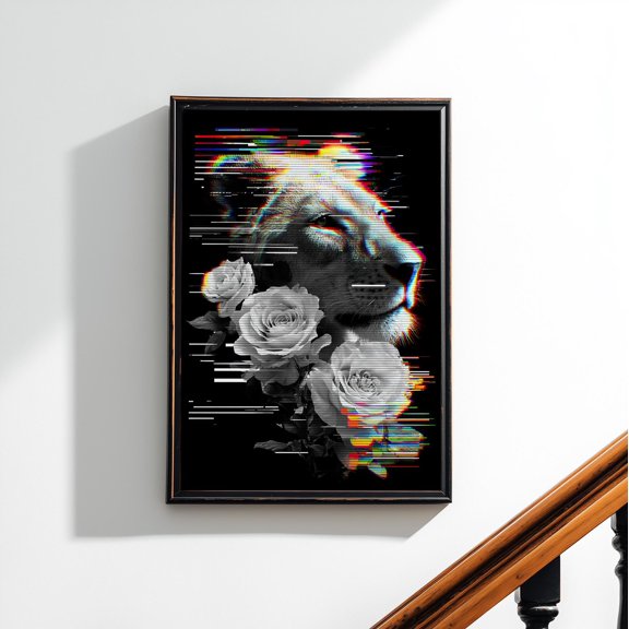 SHIRVA Regal White Lion with Roses Glitch Wall Art Poster or Canvas Print Elegant Floral Animal Wildlife Art Print Modern Decor, Unframed Paper Poster 8x12in