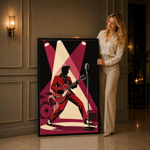 SHIRVA Retro Rock Guitarist Canvas Wall Art, Vintage Musician Poster, Red Suit Stage Performance, Classic Microphone Canvas, Music Lover Decoration, Unframe, Unframed Paper Poster 8x12in