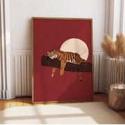 SHIRVA Sleeping Tiger Print, Retro Moon Tiger Wall Art, Bold Red Amber Wildlife Poster, Resting Tiger On Branch Decor, Eclectic Big Cat Art Print, Unframed Canvas 8x12in