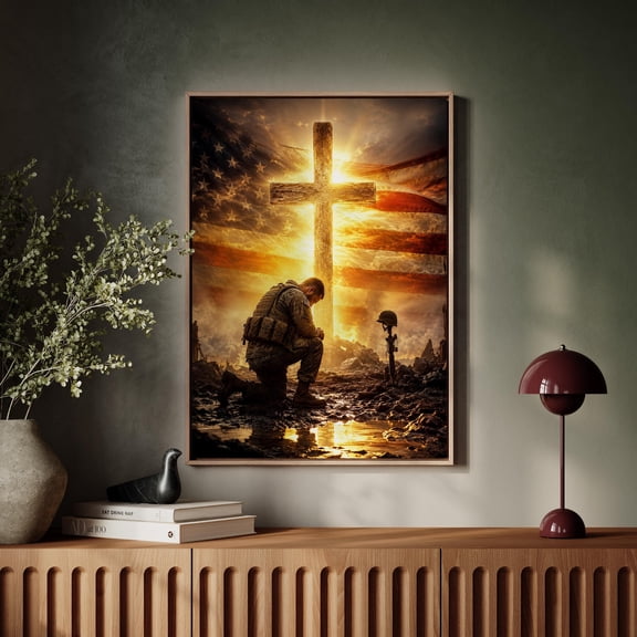 SHIRVA Soldier Prayer Cross Canvas Wall Art, Patriotic Veteran Poster, Faith Inspired Home Decoration, Unframed Canvas 16x24in
