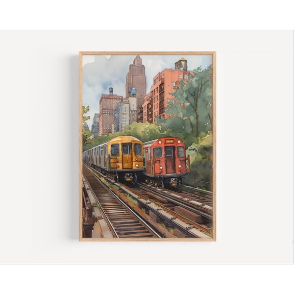 SHIRVA Staten Island New York Trains Watercolor NYC Railroad Wall Art Poster Print or Canvas Artwork New York City Travel Decor Gift, Unframed Canvas 8x12in