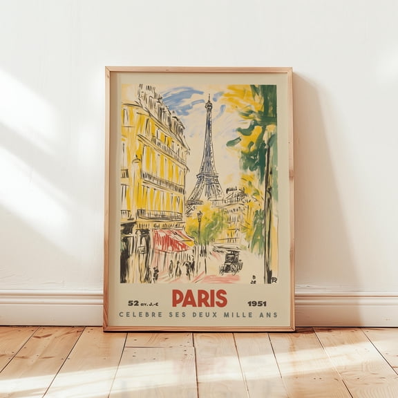 SHIRVA Vintage Eiffel Tower Art Print, Paris Travel Poster, French Wall Decor 1950s, Unframed Paper Poster 24x36in