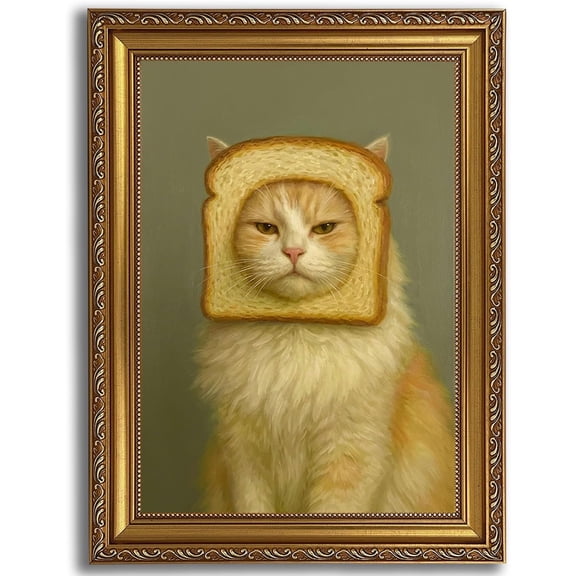SHIRVA Vintage Gold Eclectic Cat with Bread Slice Wall Art, Whimsical Animal Picture, Cottagecore Canvas Print, Ready to Hang, Farmhouse Kitchen Bedroom Wall Decor, Unframed Canvas 8x12in