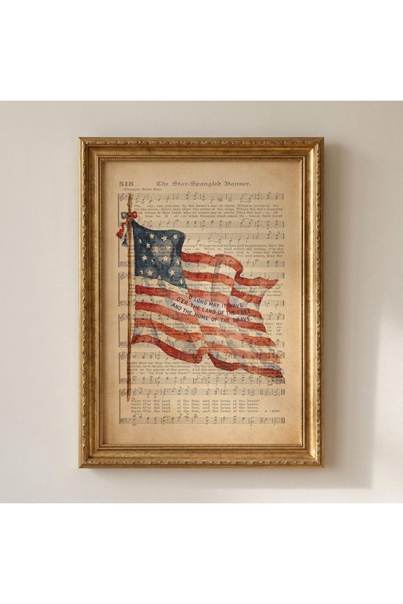 Vintage Star Spangled Banner Wall Art, Rustic American Flag Sheet Music Poster, 4th of July Patriotic USA 250th Home Decor, Unframed Canvas 8x12in