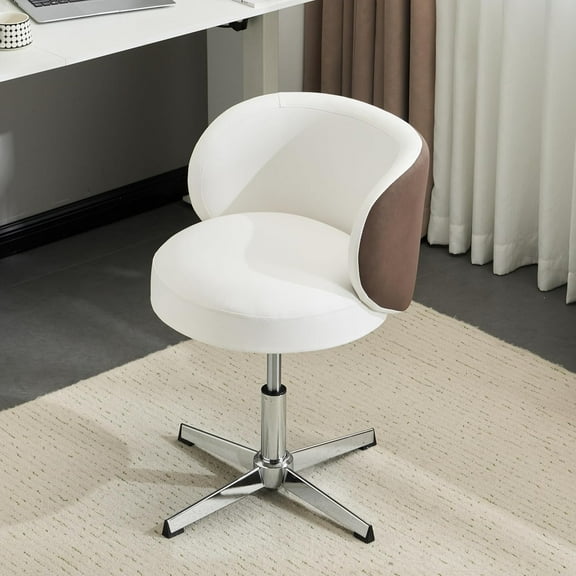 SHISHI Cute Small Swivel Desk Chair Comfy no Wheels,Ergonomic Low-Back Lumbar Support Vanity Nail Tech Computer Task Stool Chair for Home Office,Height Adjustable,PU Leather White&Suede Khaki