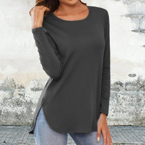 SHITINN Blouse for Women Women's Casual Long Sleeve T Shirt Crewneck with Side Split Fall Pullover Loose Tunic Top Cute Short Sleeve Tops for Women Clothes for Women
