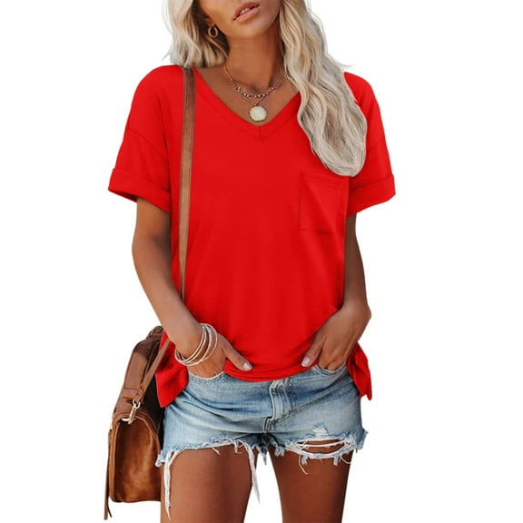 SHITINN Blouses for Women Casual Womens T Shirts Short Sleeve V Neck Tops with Pockets Summer Fashion Trendy Soft Casual C Womens Short Sleeve Tops Trendy Tops for Women 2025