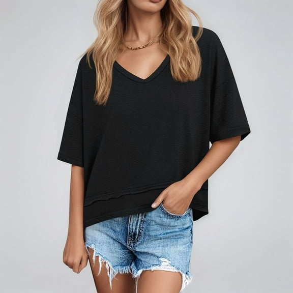 SHITINN Blouses for Women Casual Casual Solid Color Short Sleeve V Neck T Shirt Cute Short Sleeve Tops for Women Womens Summer Outfits