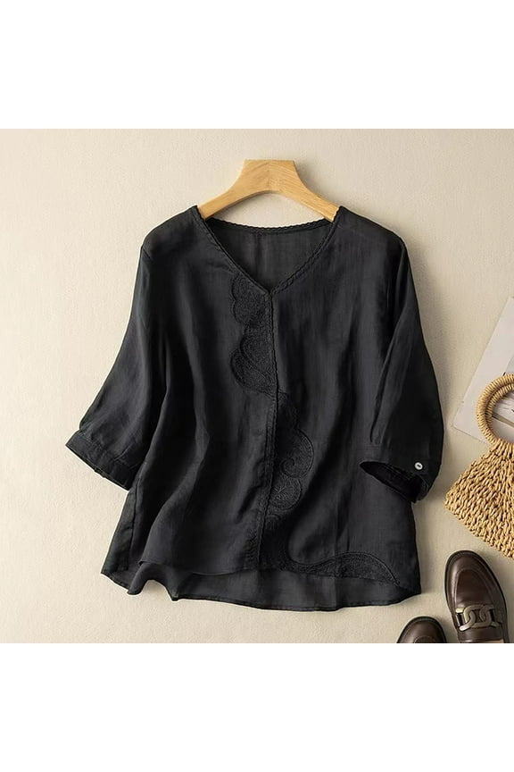 Casual Shirts for Women Women's Linen Round Boxy Top Patchwork Blouses Womens Tops Short Sleeve Summer Outfits for Women