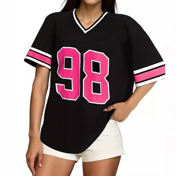 SHITINN Color Block Sleeve Oversized T Shirt with Sports Number Print for Women Casual Football T Cute Short Sleeve Tops for Women Womens Tee Summer Tops
