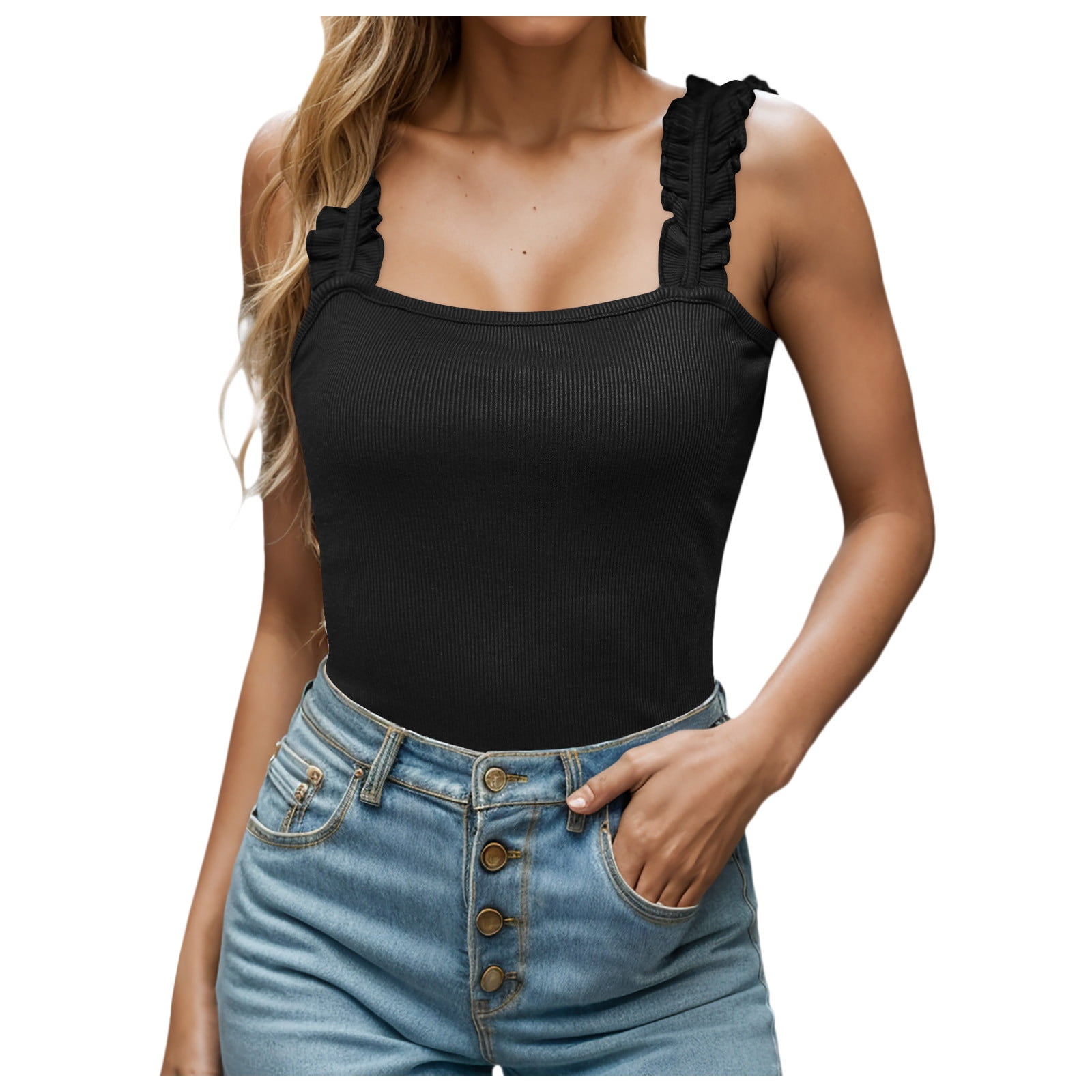 Women's V Neck Ribbed Knit Crop Tank Top - Stretchy Sleeveless Camisole, Solid Colors - View #6