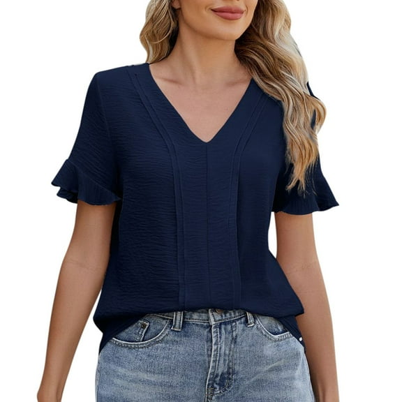 SHITINN Fashion V Neck Slim Fit Short Sleeve Ruffle Hem T Shirt for Women Casual Top Stylish Blou Womens Shirt Women's Short Sleeve Tops Summer Shirts