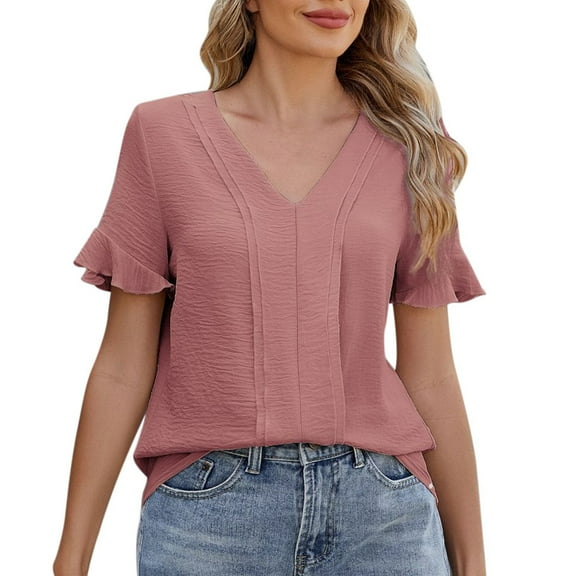 SHITINN Fashion V Neck Slim Fit Short Sleeve Ruffle Hem T Shirt for Women Casual Top Stylish Blou Womens T Shirts Womens Short Sleeve Shirts Women's Summer Tops