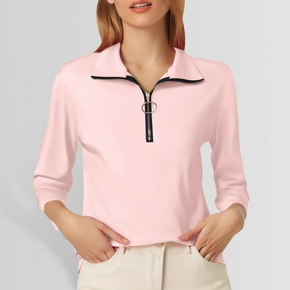 SHITINN A Fashionable and Casual Half Zipper Solid Color Long Sleeved T Shirt for Ladies Women's Short Sleeve Tops Womens Clothes Womens Summer Tops Casual