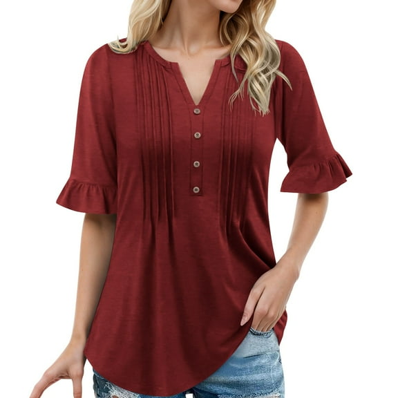 SHITINN A Fashionable Casual Loose V Neck Button Down Pleated Five Quarter Sleeve Solid Color T S Women Short Sleeve Tops Womens Shirts Womens Tops Summer