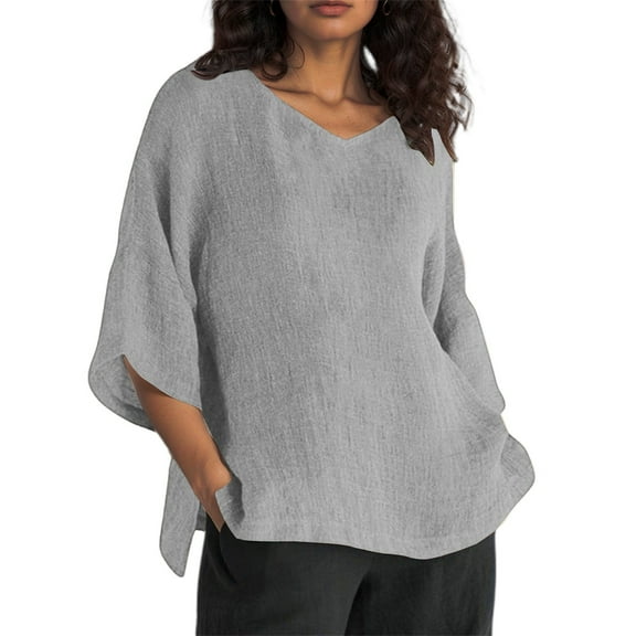 SHITINN A Fashionable Casual and Loose V Neck and Linen Solid Color Mid Sleeved T Shirt for Ladie Short Sleeve Blouses Women's Tops, Tees & Blouses Tops for Women