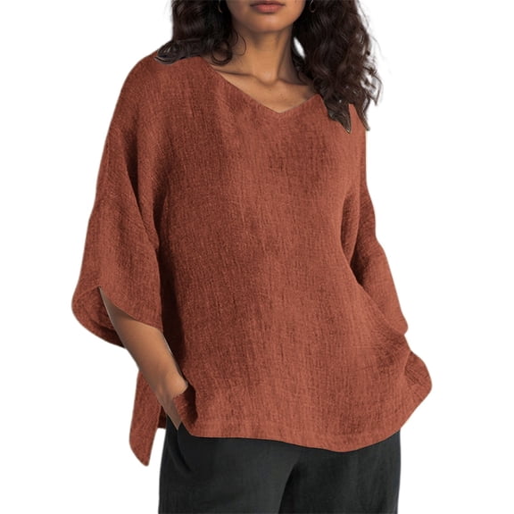 SHITINN A Fashionable Casual and Loose V Neck and Linen Solid Color Mid Sleeved T Shirt for Ladie Womens Short Sleeve Tops Women's Tops, Tees & Blouses Women's Fashion