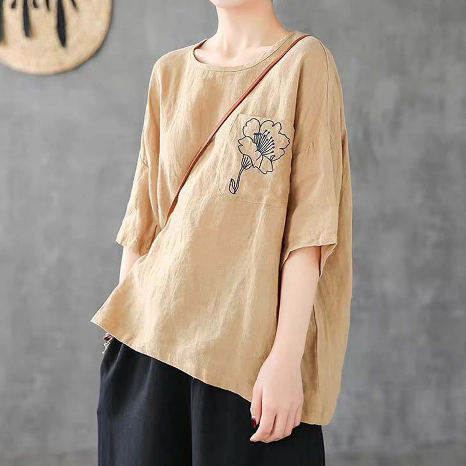T-Shirt Lin Brodée Vintage Pour Femme - Haut Décontracté Ample Style Bohème Chic