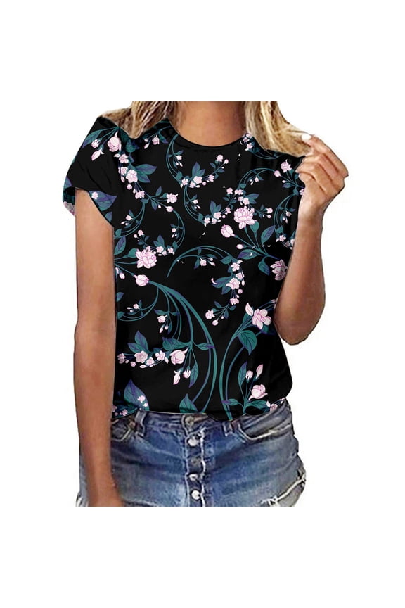 Floral Print Round Neck Short Sleeve T Shirt for Women Spring Summer Casual Top Womens Casual Tops Womens Tops Short Sleeve Womens Summer Blouses