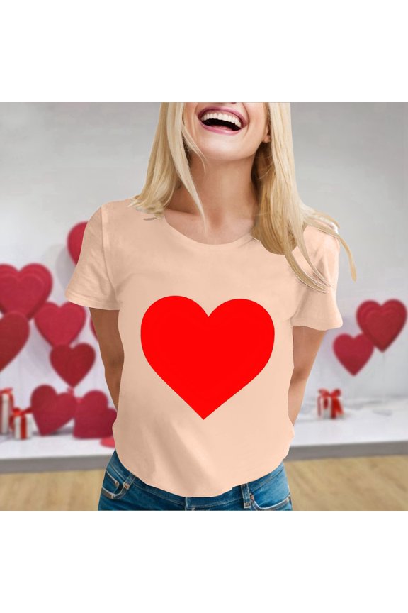 Ladies Fashion Casual Valentine's Day Print Outdoor Sports Round Neck Short Sleeve T Shir Shirt Women Womens Summer Tops Short Sleeve Spring Tops for Women
