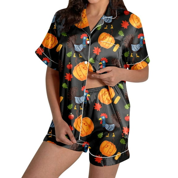 SHITINN Ladies' Thanksgiving Turkey Print Pajama Shorts Set 2024 Shorty Pajamas Women Sleepwear Ladies Tartan Plaid Pajamas Women Satin Pajamas Set Shorts And Top Set for Women Womens Satin Sleep