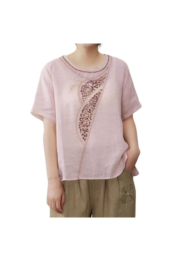 Linen Embroidered T Shirt for Women Loose Fit Round Neck Top Vintage Style Lightweight Su Women's Clothes Womens Summer Tops Short Sleeve Summer Shirts
