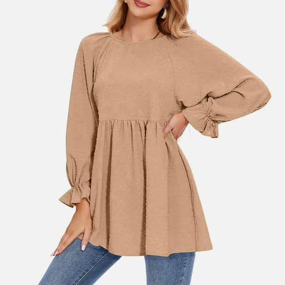 SHITINN Long Elastic Sleeves Shirts for Women Crewneck Pleated Tops Loose Blouse Fashion Cute Shi Womens Basic Tops Womens Short Sleeve Tops Summer Top