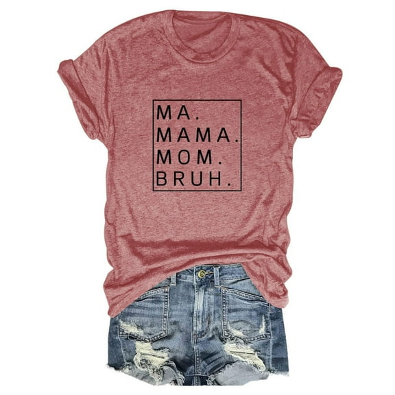 SHITINN Loose Fit MA Mama Mom Bruh Letter Print Short Sleeve T Shirt Womens Tops Short Sleeve Women Blouses Summer Top Women