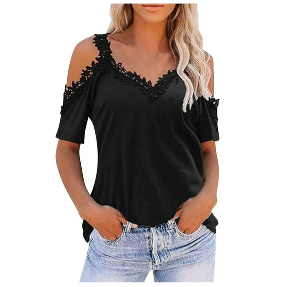 SHITINN New Women's Loose V Neck Lace Lace Off The Shoulder T Shirt Womens Short Sleeve Blouses Summer Clothes Women's Shirts