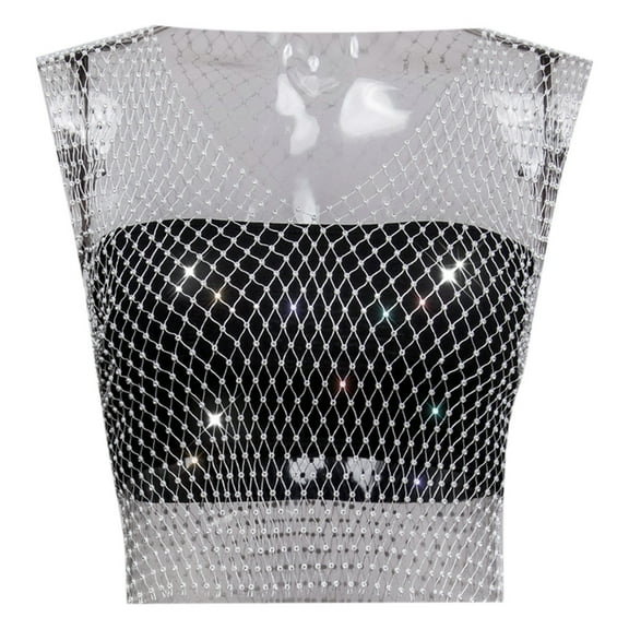 SHITINN Oversized All Lace Top Rhinestone Fishing Net Net Flash Women's Short Sleeved Vest
