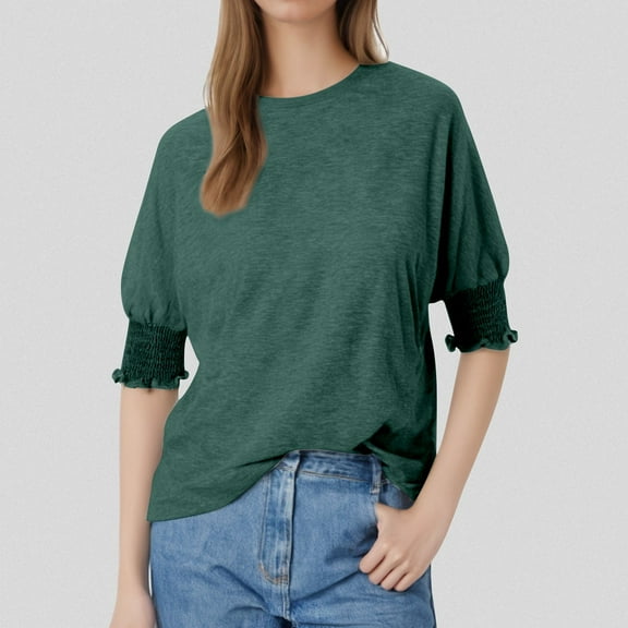 SHITINN Plus Size Loose Fit Round Neck Puff Sleeve Long Tee for Women Stylish and Comfortable Cas Short Sleeve Blouses Womens Tshirts Women Clothing