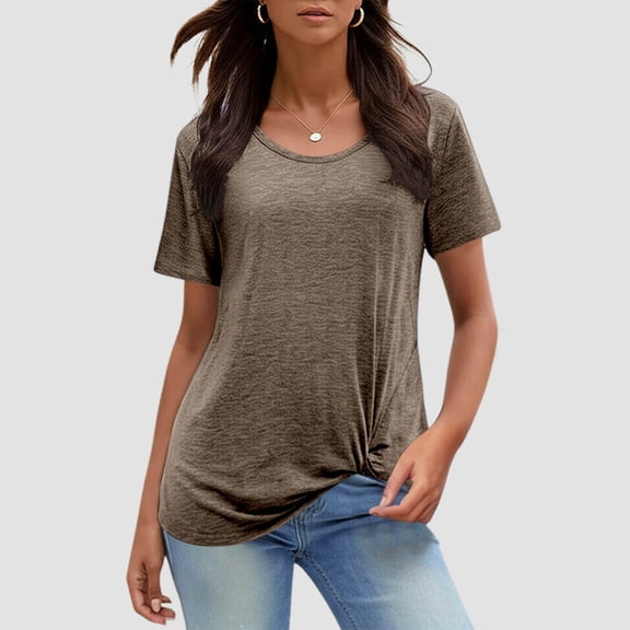 SHITINN Round Neck Short Sleeve Casual T Shirt for Women with Knot Detail Solid Color Relaxed Fit Women Short Sleeve Tops Women Summer Tops Women's Fashion