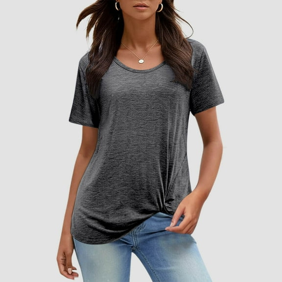 SHITINN Round Neck Short Sleeve Casual T Shirt for Women with Knot Detail Solid Color Relaxed Fit Women Short Sleeve Tops Summer Tops T Shirts Women