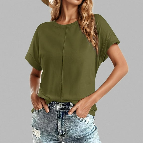 SHITINN Round Neck Solid Color Raglan Short Sleeve Loose Casual Top Short Sleeve Tunic Tops for Women Womans Tops Summer Shirts Women