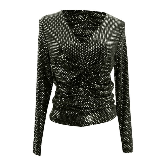 SHITINN Sequin Personality V Neck Long Sleeve Top Pleated Stretch Hot Gold Base T Shirt Woman Womens Tshirts Short Sleeve Shirts for Women Clothes for Women