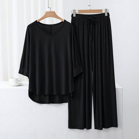 SHITINN Sets For Women 3/4 Length Sleeve V Neck Summer Tops Elastic Waist Wide Leg Pants Summer Outfits Womens Short Tops Ladies Satin like Pajama Shirt Bridal Getting Ready Outfit