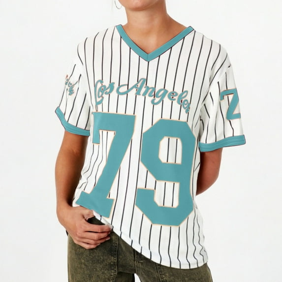 SHITINN Shirt Women Ladies Casual Loose Fit Street Style Graphic V Neck Short Sleeve T Shirt with Sporty Stri Short Sleeve Shirts for Women Womens Summer Outfits