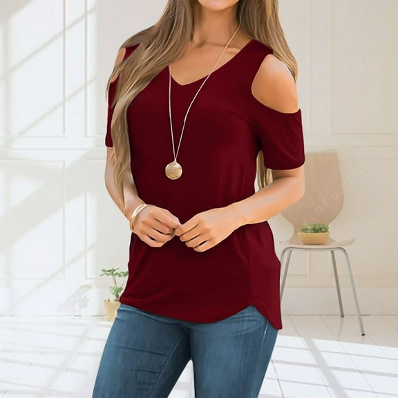 SHITINN Shirt Women Womens Summer Casual T Shirt Cute Cold Shoulder Short Sleeve V Neck Tops Short Sleeve Blouses for Women Trendy Tops for Women 2025