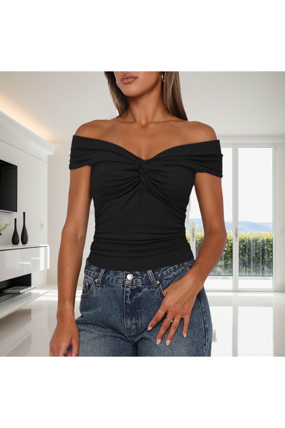 Shirts for Women Women Summer Knot Front Off The Shoulder Tank Tops Cap Sleeve Slim Fitted Shirts Women's Short Sleeve Tops Women's Summer Tops