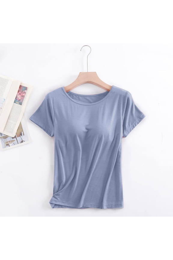 Short Sleeved T Shirt with Chest Pad Bra Cup Semi Sleeve Vest Pajamas Athletic Crop Tops 3x Sleeveless Shirts Active Loose Tops for Women Womens Top Loose Fit Half Top Muscle Shirt Women