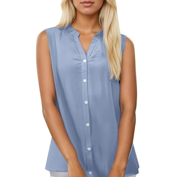 SHITINN Sleeveless Top Long Nylon Tops Women Women's Casual Solid Color Sleeveless Button Up Stand Collar Top